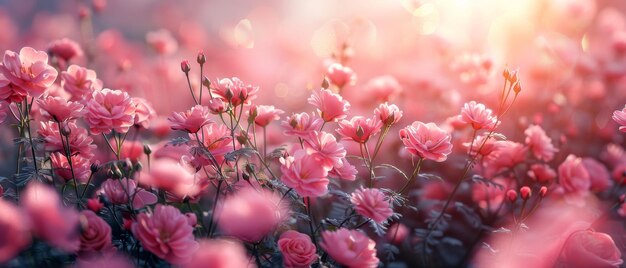 L'idilliaco giardino di fiori di Eustoma in una foresta di elfi sognante con splendide rose fiorite di favola su uno strano sfondo floreale rosa con raggi di sole