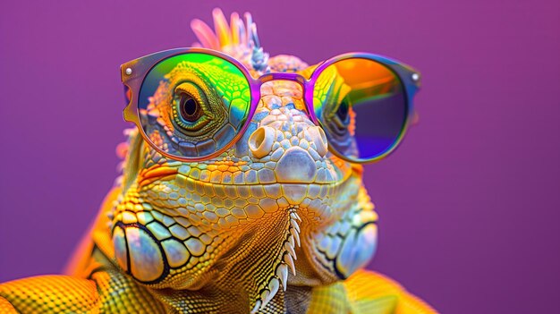 L'iguana mostra gli occhiali da sole arcobaleno di tonalità viola affascinante