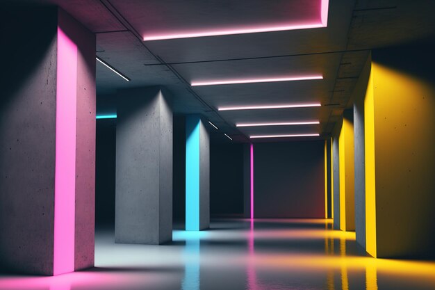 L'illuminazione al neon viene utilizzata in uno spazio pubblico multilivello interno in cemento astratto