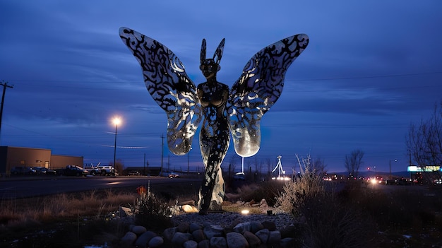 L'illuminazione notturna della statua del Mothman lancia un bagliore inquietante sulle ombre la leggenda in piedi in silenziosa veglia