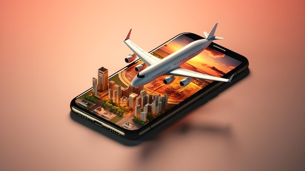 L'illustrazione 3d dell'aereo sorvola la città per il concetto di vocazione di viaggio