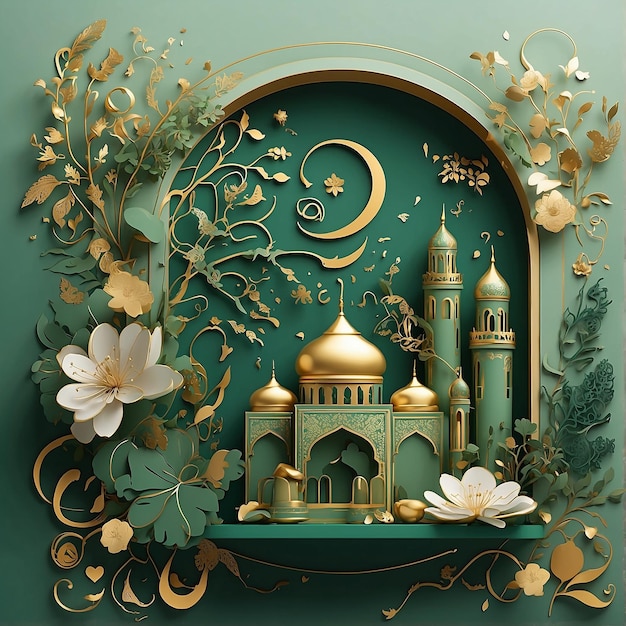 L'illustrazione artistica rappresenta il Ramadan con vibrazioni verdi e dorate