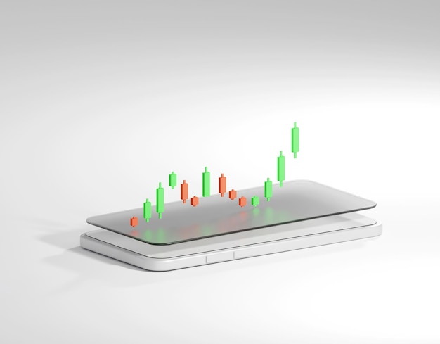 L'illustrazione del grafico a candele sullo smartphone in 3D Render