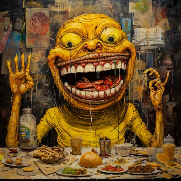 L'illustrazione del mostro sorridente felice mangia il cibo sul tavolo Ai generativo