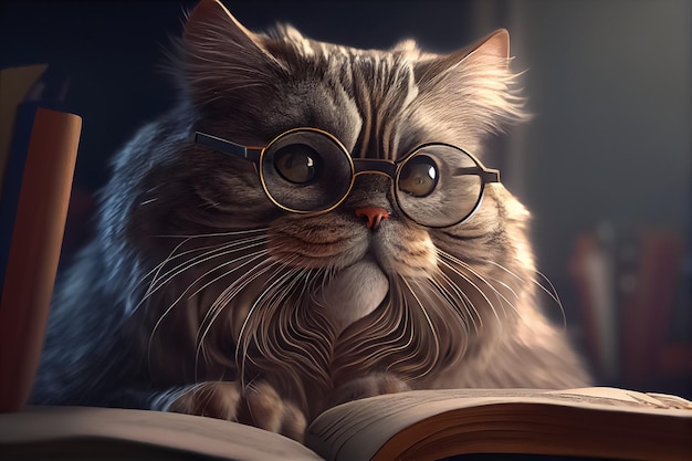 L'illustrazione del simpatico gatto lanuginoso indossa gli occhiali e legge un libro AI