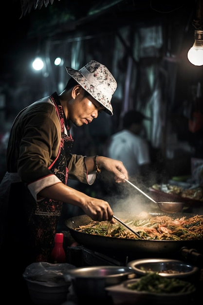 L'illustrazione dell'intelligenza artificiale generativa dello chef di strada a Bangkok Thailandia cucina un piatto per i clienti felici al mercato notturno