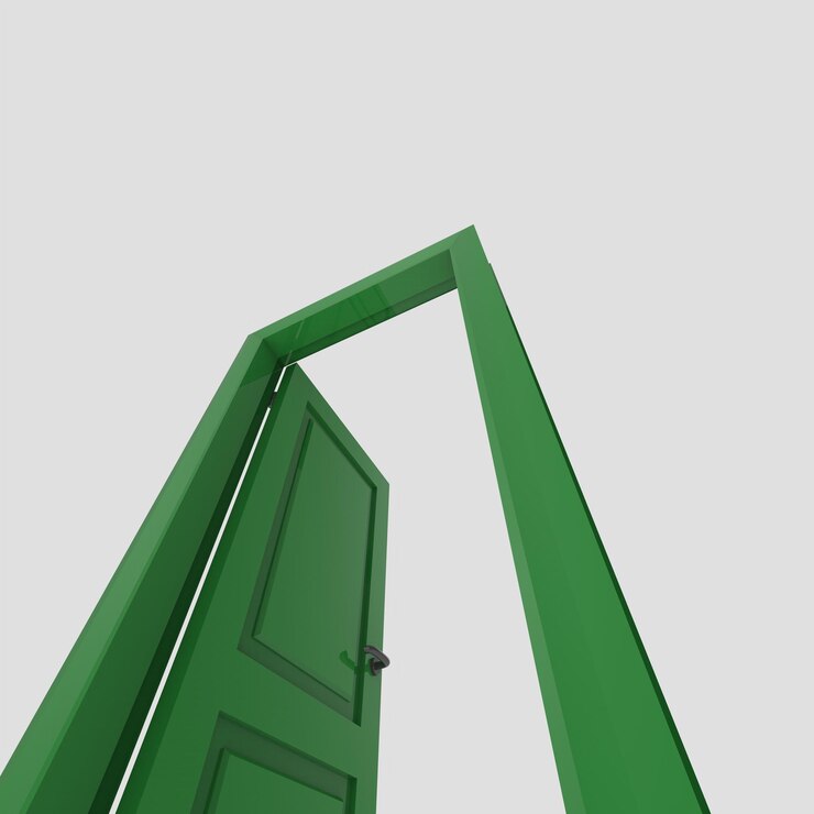 L'illustrazione della porta interna di legno verde ha messo il fondo bianco isolato aperto chiuso differente differente