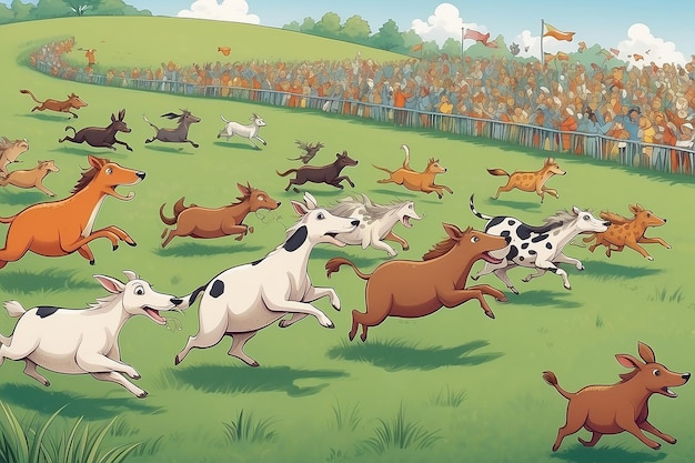 L'illustrazione della stravagante corsa degli animali attraverso il campo d'erba