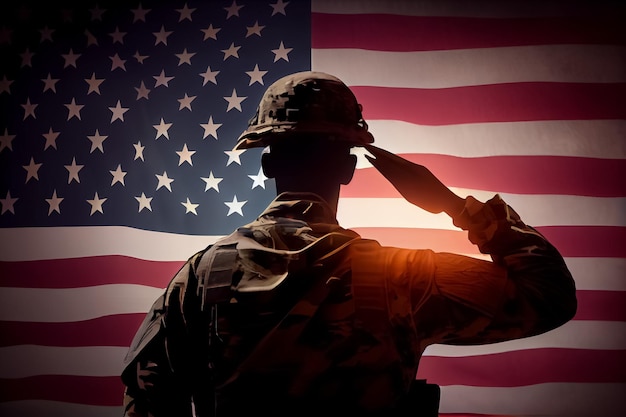 L'illustrazione di un militare saluta sullo sfondo della bandiera americana ai