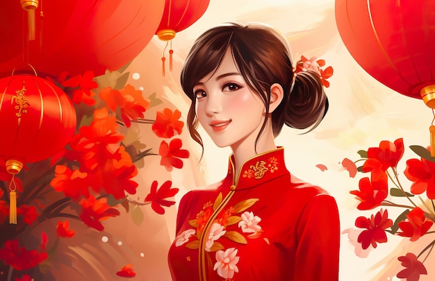 L'illustrazione di una bella donna cinese indossa abiti tradizionali
