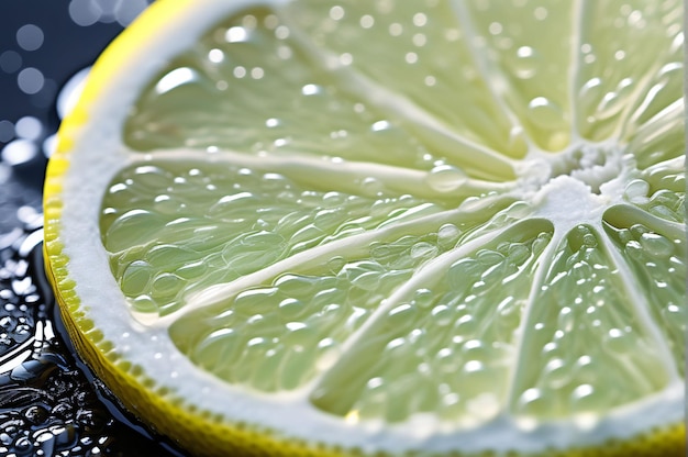 L'illustrazione generata da Ai è un ritaglio succoso di limone in primo piano, succo di limone, anelli di limone con gocce di succo.