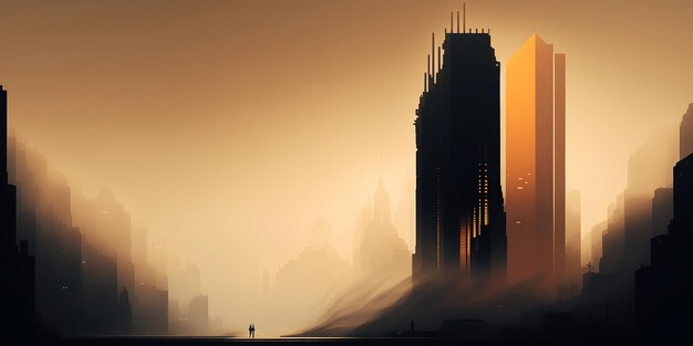 L'illustrazione generata dai grattacieli della città in una nebbia nebbiosa