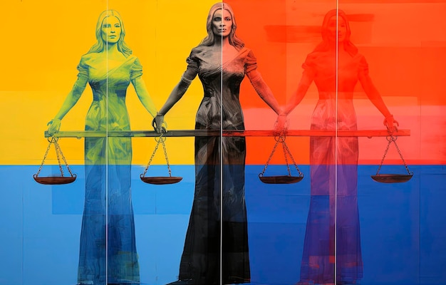 L'illustrazione generativa dell'intelligenza artificiale di un'illustrazione minimalista surreale di una coppia allegorica di lesbiche ha tenuto l'equilibrio della giustizia pop art Sfondo di colori LGBT Arte digitale