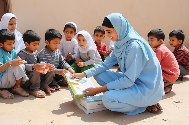 L'illustrazione grafica vettoriale delle attività di assistenza sociale per gli orfani è una delle attività di routine nel mese di Ramadan