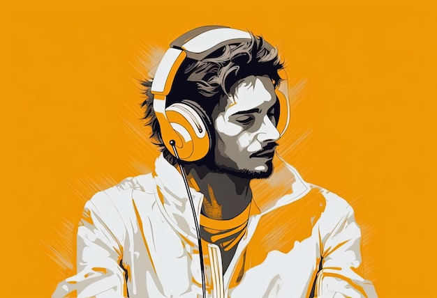 l'illustrazione mostra un uomo con le cuffie nello stile del bianco e dell'ambra