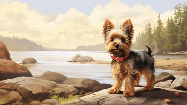 L'illustrazione nostalgica di un cucciolo di Yorkshire Terrier sulle rive del Saskatchewan