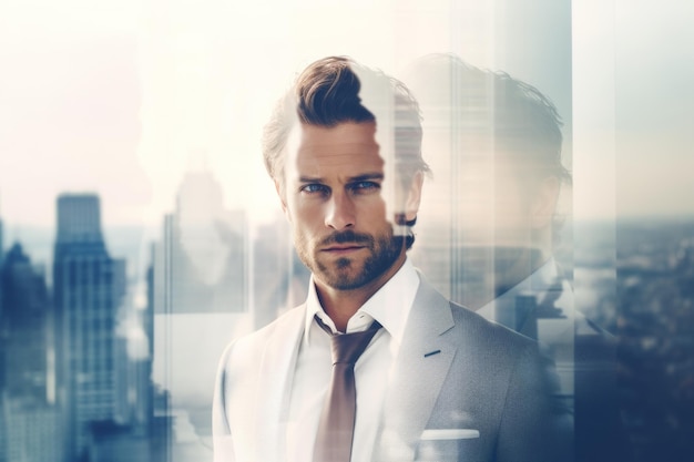 L'immagine a doppia esposizione dell'uomo d'affari in disparte durante la sovrapposizione con cityscape Generative AI