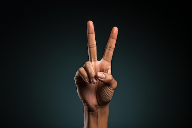L'immagine AI generativa della mano con due dita simboleggia la pace su sfondo scuro