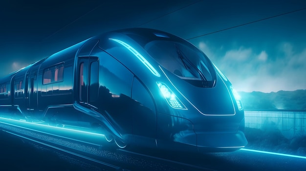 L'immagine del futuro treno ad alta velocità con luce blu