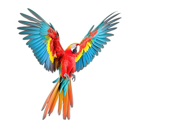 L'immagine del pappagallo dell'ara sta volando su sfondo bianco Illustrazione di animali della fauna selvatica degli uccelli IA generativa