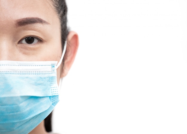 L'immagine del volto di una giovane donna e famiglia asiatica che indossa una maschera per prevenire germi, fumi tossici e polvere. Prevenzione dell'infezione batterica Corona virus o Covid 19