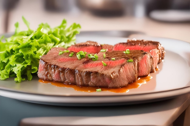 L'immagine della bistecca di manzo sul tavolo sembra deliziosa e allettante generata dall'intelligenza artificiale