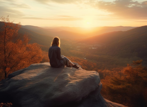 L'immagine della donna si siede sulla roccia e guarda l'IA generativa del tramonto