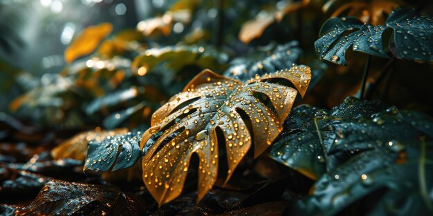 L'immagine della foglia d'oro nella foresta sul terreno e la luce brillante aigx