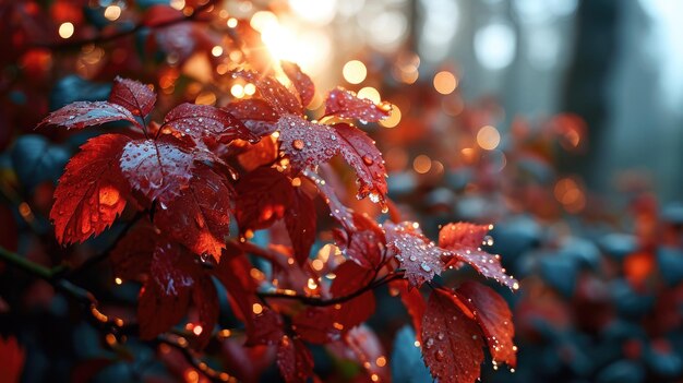 L'immagine della foglia rossa nella foresta sul terreno e la luce brillante aigx