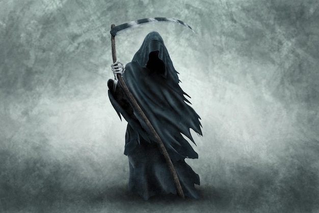 L'immagine della morte in abiti neri con una falce in mano un cappuccio nero Grim mietitore nella nebbia Depressione sconforto paura paura misticismo Illustrazione 3D Rendering 3D