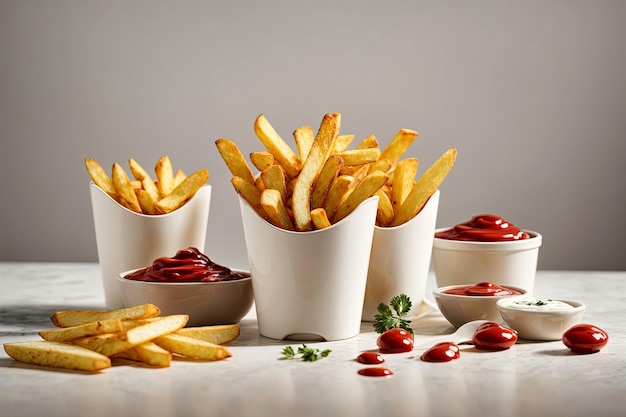 L'immagine delle patatine fritte o degli spicchi di patate con salse in eleganti contenitori