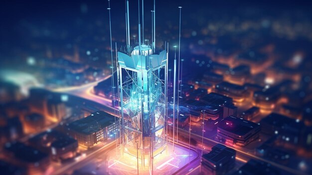 L'immagine di sfondo mostra una torre dell'antenna di comunicazione con tecnologia di rete globale 5G per Internet wireless ad alta velocità IA generativa