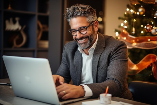 L'immagine di un bell'uomo che lavora a casa il giorno di Natale