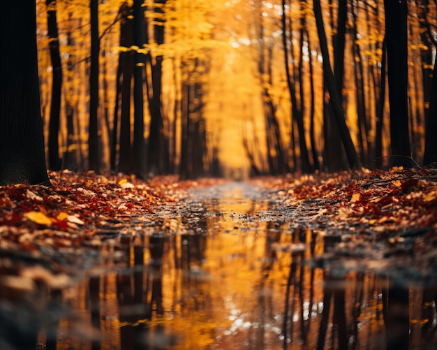 l'immagine di un bosco autunnale con foglie sul terreno