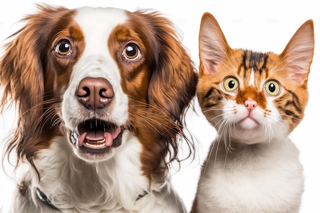 L'immagine di un cane affamato e di un gatto che gli lecca la faccia su uno sfondo bianco