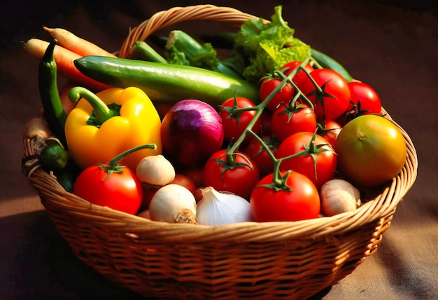 L'immagine di un cesto con cipolle pomodori e altre verdure