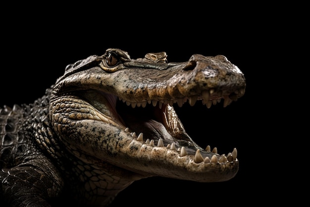L'immagine di un coccodrillo sta aprendo la bocca su sfondo nero Illustrazione degli animali della fauna selvatica IA generativa
