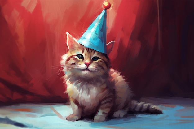 L'immagine di un gatto sorridente in posa in un cappello di compleanno