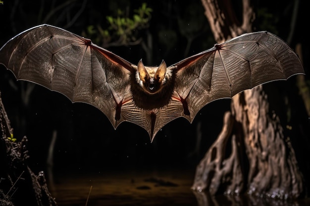 L'immagine di un grosso pipistrello sbatte le ali nel buio Uccelli Fauna selvatica Animali Illustrazione AI generativa