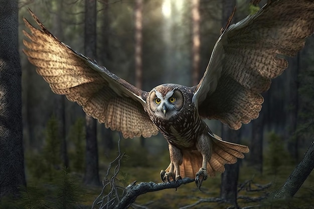 L'immagine di un gufo sta volando nella foresta Animali selvatici Illustrazione di uccelli IA generativa