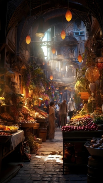 l'immagine di un mercato con molta frutta e verdura