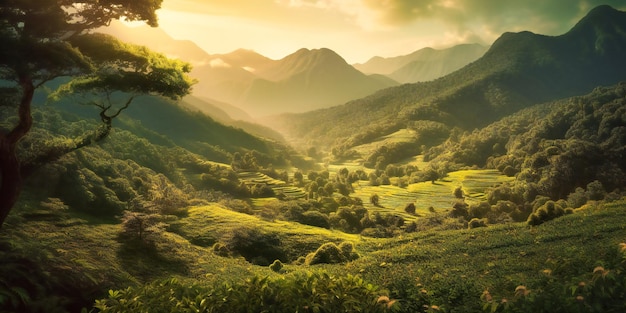 L'immagine di un paesaggio verde con foglie e montagne