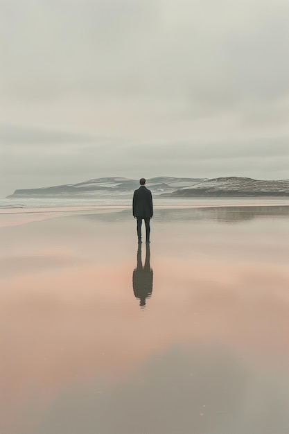 l'immagine di un uomo che cammina su una spiaggia nello stile di andreas levers rosa chiaro e bronzo