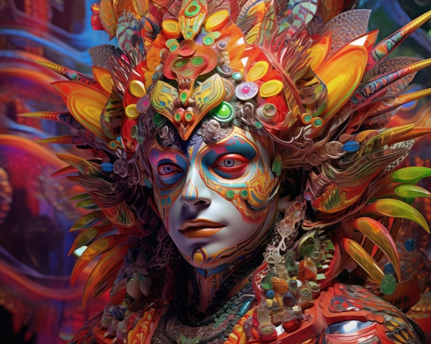 l'immagine di una donna con trucco colorato e piume sulla testa