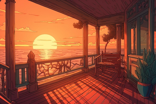 l'immagine di una terrazza o di un balcone con vista sul mare e con alcune palme