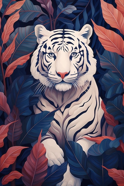 l'immagine di una tigre bianca circondata da una foresta di foglie