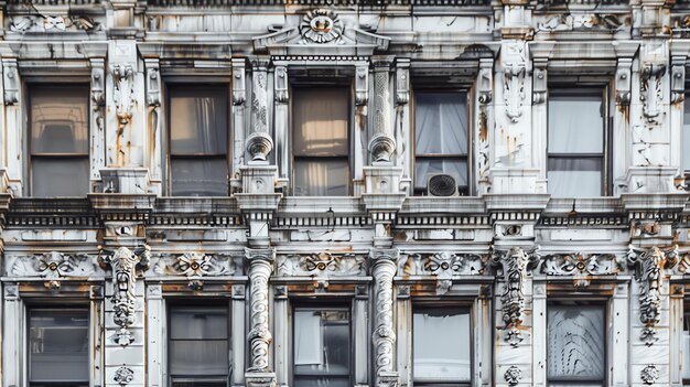 L'immagine è della facciata di un vecchio edificio con dettagli ornamentati L'edificio è fatto di marmo bianco e ha un sacco di finestre