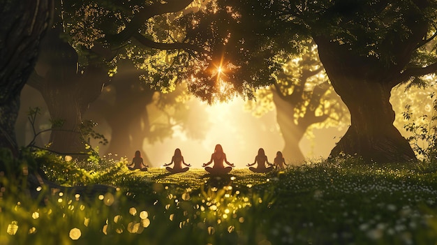 L'immagine è di quattro donne sedute in una postura di yoga in una foresta il sole splende attraverso gli alberi e crea una bella scena