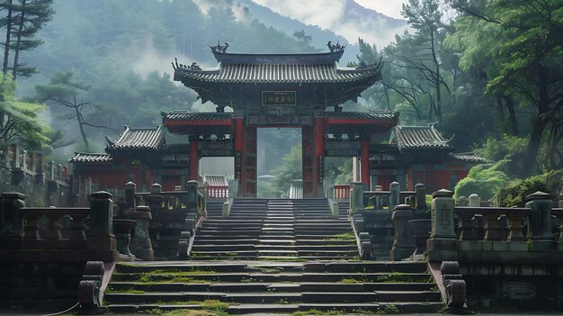 L'immagine è di un tempio o di una porta in stile cinese con una grande scala che conduce ad essa