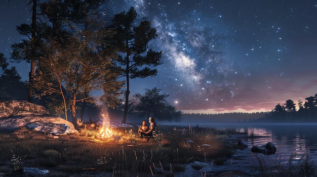 L'immagine è di una bellissima scena di campeggio sul lago di notte